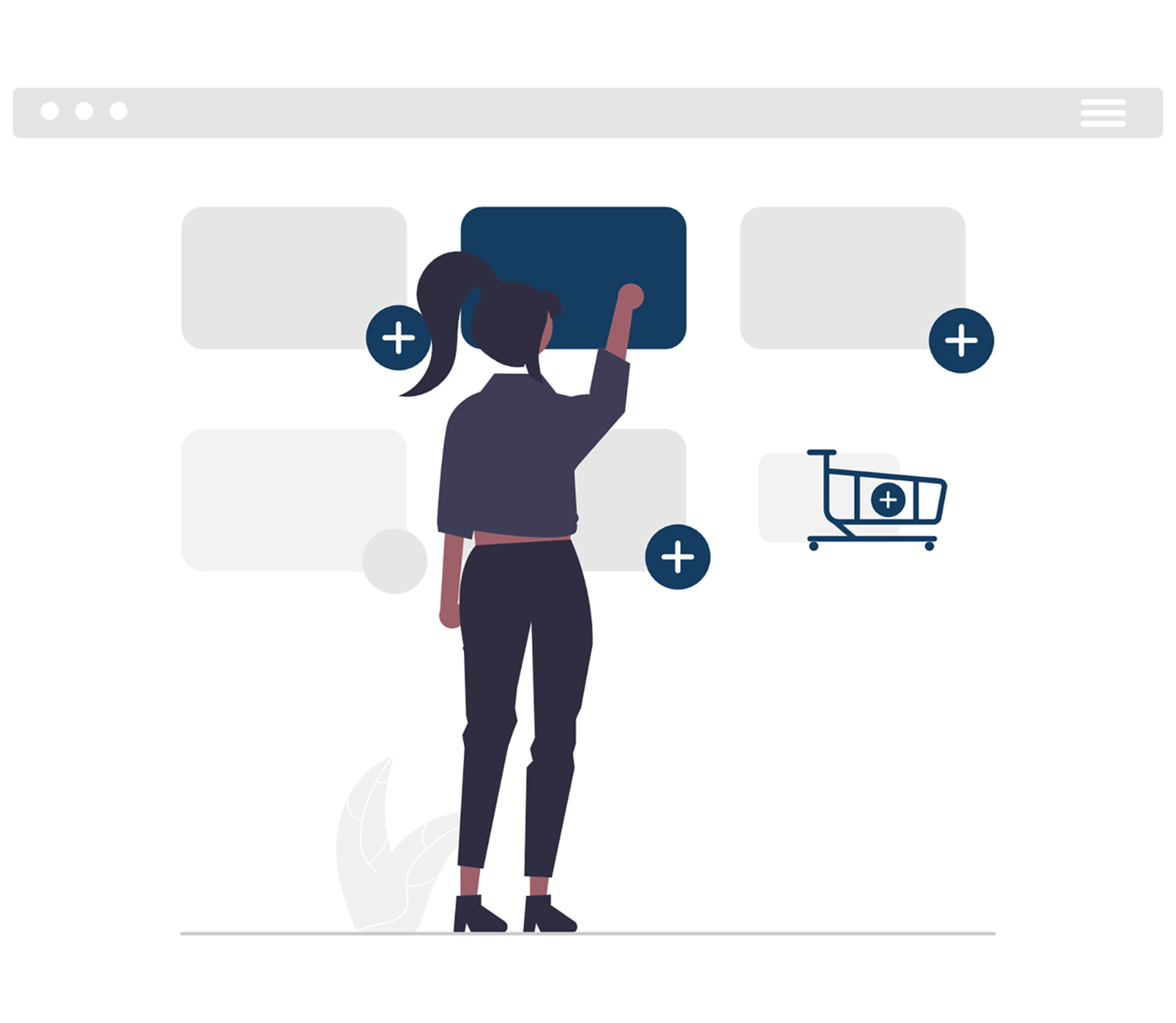 Illustration einer Person, die virtuelle Objekte einem Einkaufswagen hinzufügt.