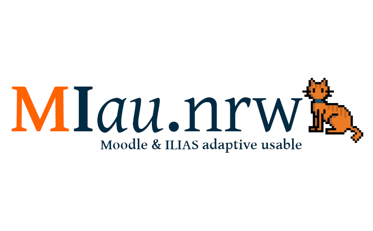 MIau.nrw Logo – Der Schriftzug "MIau.nrw" mit der Unterschrift "Moodle & ILIAS adaptive usable" ist größtenteils in blau geschrieben. Das "M" ist in orange. Rechts neben dem Schriftzug sitzt eine stilisierte Katze in Pixel-Optik. Sie ist orange mit dunkleren orangen Streifen und trägt ein blaues Halsband.