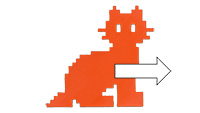 Die orangefarbene Silhouette einer Pixel-Katze mit einem weißen Pfeil nach rechts – beziehungsweise vorwärts.