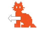 Die orangefarbene Silhouette einer Pixel-Katze mit einem weißen Pfeil nach links – beziehungsweise zurück.