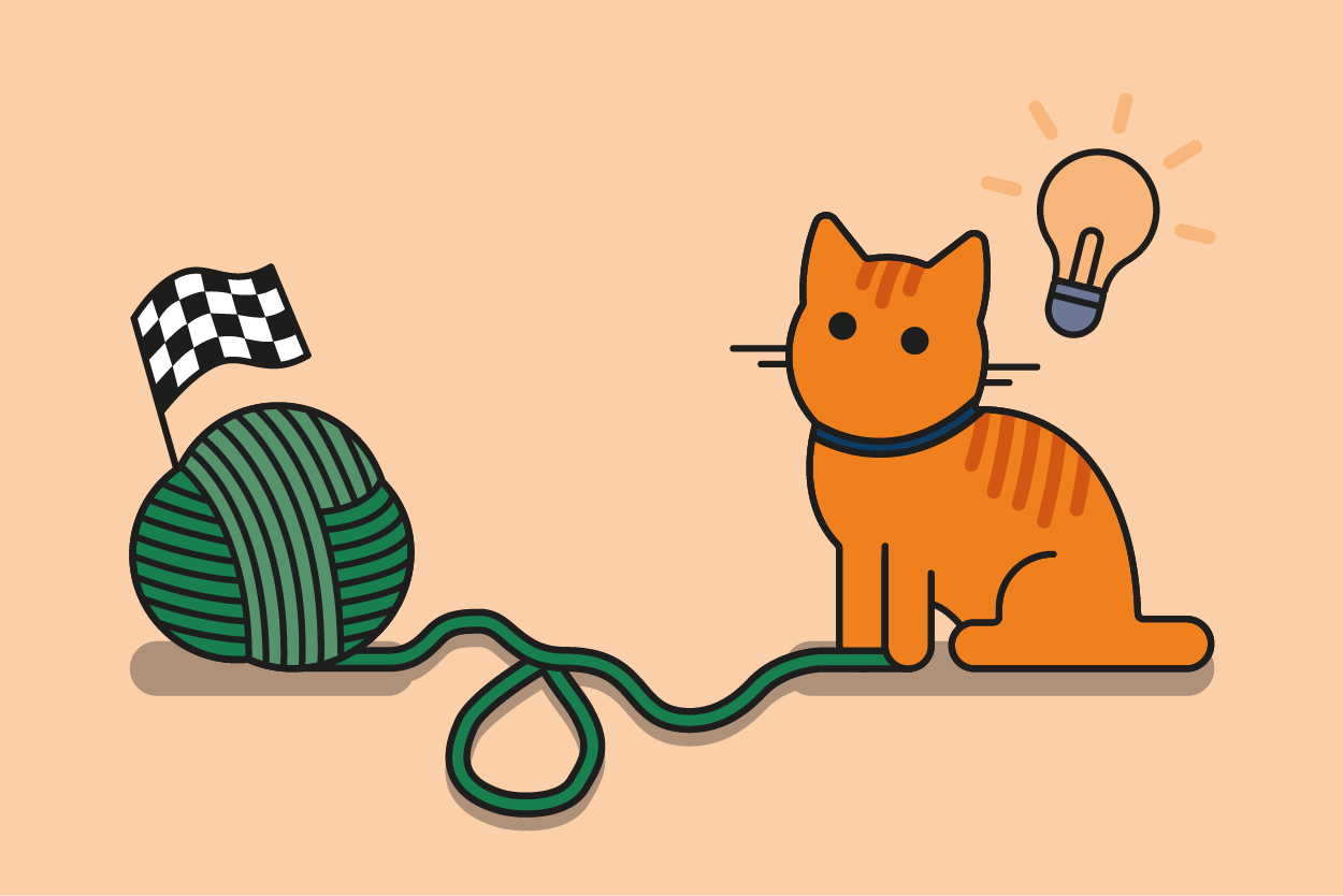 Dekoratives Bild zur niedrigschwelligen Veranschaulichung für Adaptivitätsniveau 1: Eine orangene Katze mit einer Glühbirne über dem Kopf hält einen Faden, der in einem grünen Wollknäuel endet. Auf dem Weg zwischen Pfote und Knäuel bildet der Faden eine einzelne Schlaufe. Im Wollknäuel steckt eine Zielflagge. Keine inhaltlichen Informationen.
